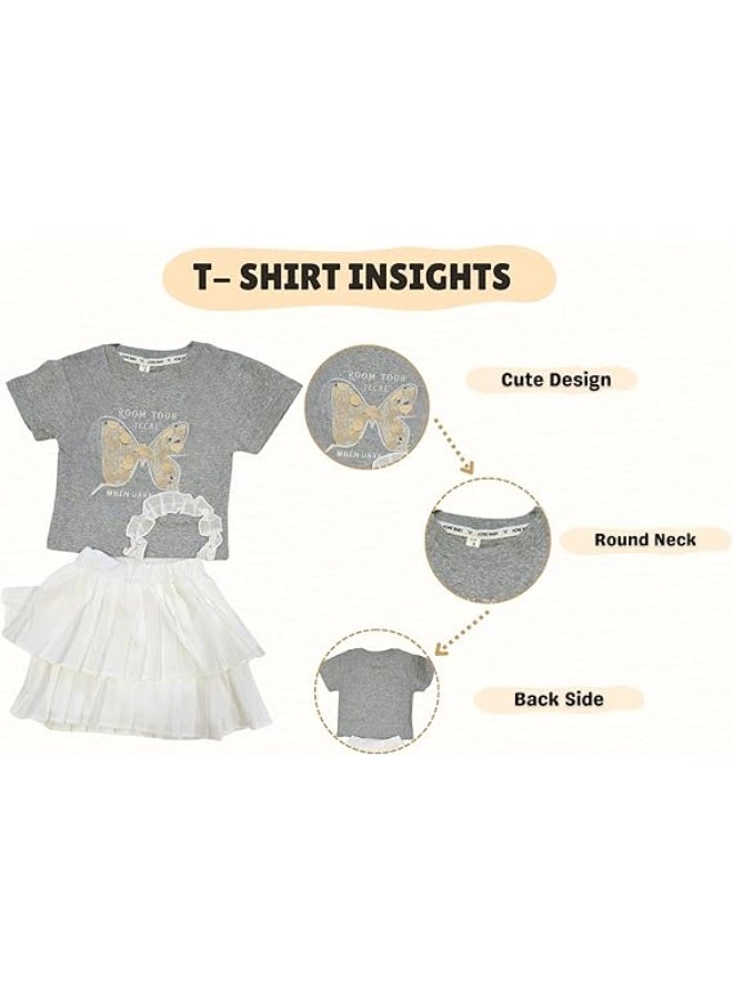 MINIIMODZ MINII MODZ Grey Butterfly Girls Skirt & Top Set | Skirt with Shorts Underneath for Toddler Girls | Party Wear Embellished Top & Lace Design - Image 3